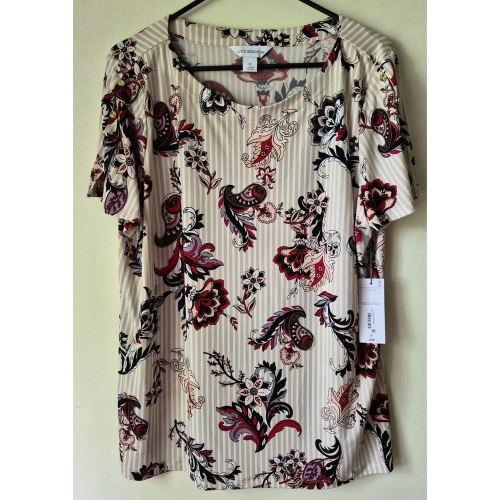 Liz Claiborne Women's XL Floral Paisley Over White/Beige Stripe Short Sleeve NWT